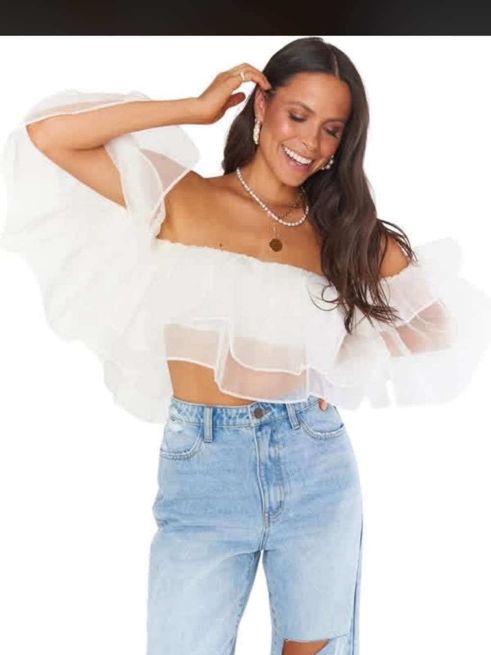 Show Me Your MuMu White Off-Shoulder Ruffle Crop Top
